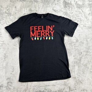 Feelin Merry Christmas Lights Holiday T-Shirt Festive Graphic Print Black SZ M